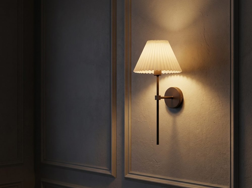 Geplooide wandlamp die 's avonds brandt