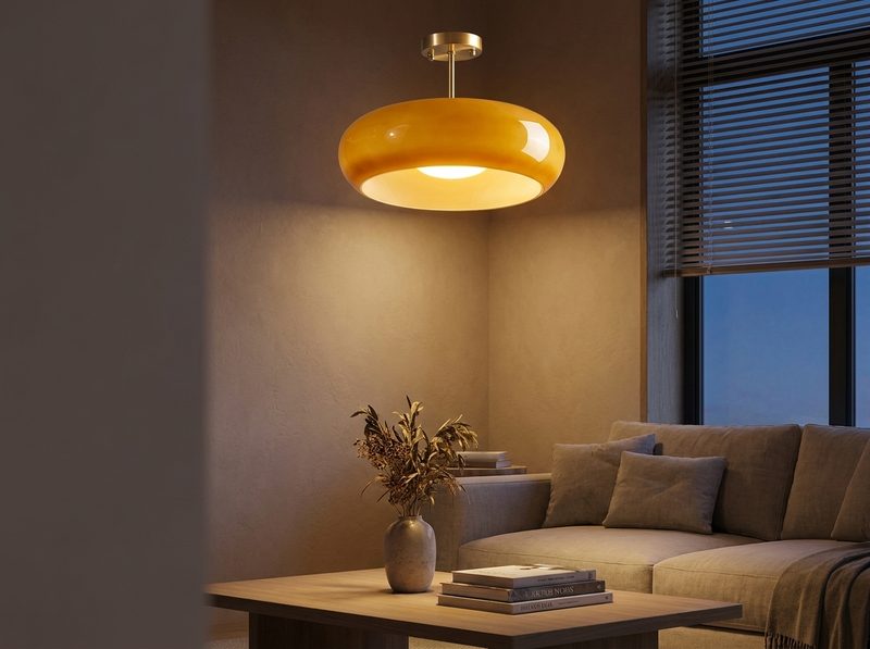 Plafondlamp van amberkleurig glas in een woonkamer