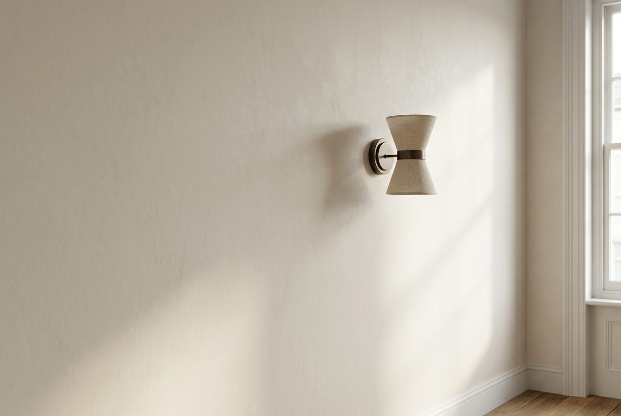 Wandlamp van brons en linnen die een zacht licht verspreidt